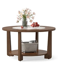 Gymax Round Coffee Table w/ 2-Tone Tabletop and Open Storage Shelf Wood Support Legs