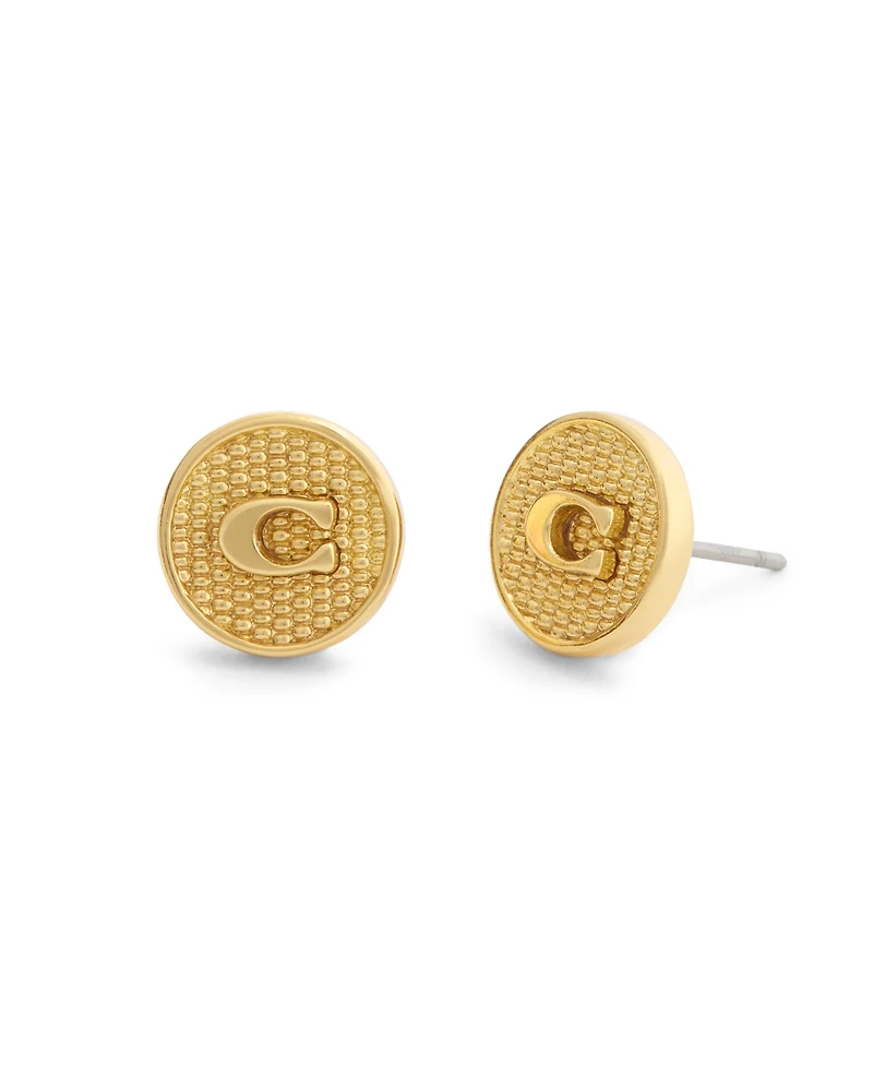 Coach Gold Signature C Textured Coin Stud Earrings