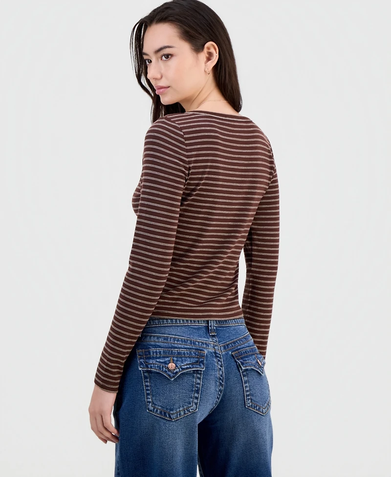 Hippie Rose Juniors' Button-Front Long-Sleeve Top