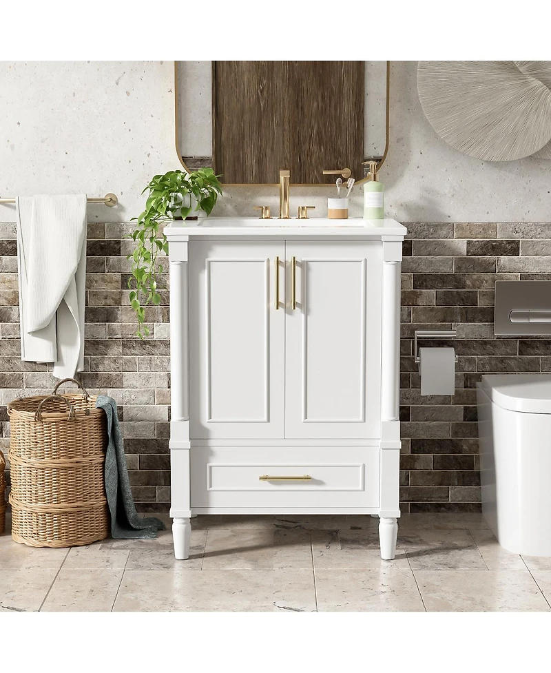 Sillysis 24 Inch Bathroom Vanity with Sink, Modern French Leg Cabinet, Adjustable Shelf and Soft Close Drawer for Small
