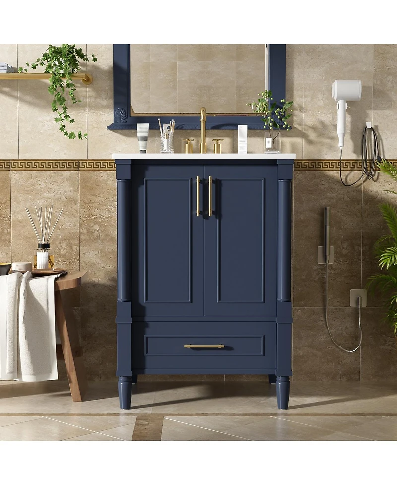 Sillysis 24 Inch Bathroom Vanity with Sink, Modern French Leg Cabinet, Adjustable Shelf and Soft Close Drawer for Small