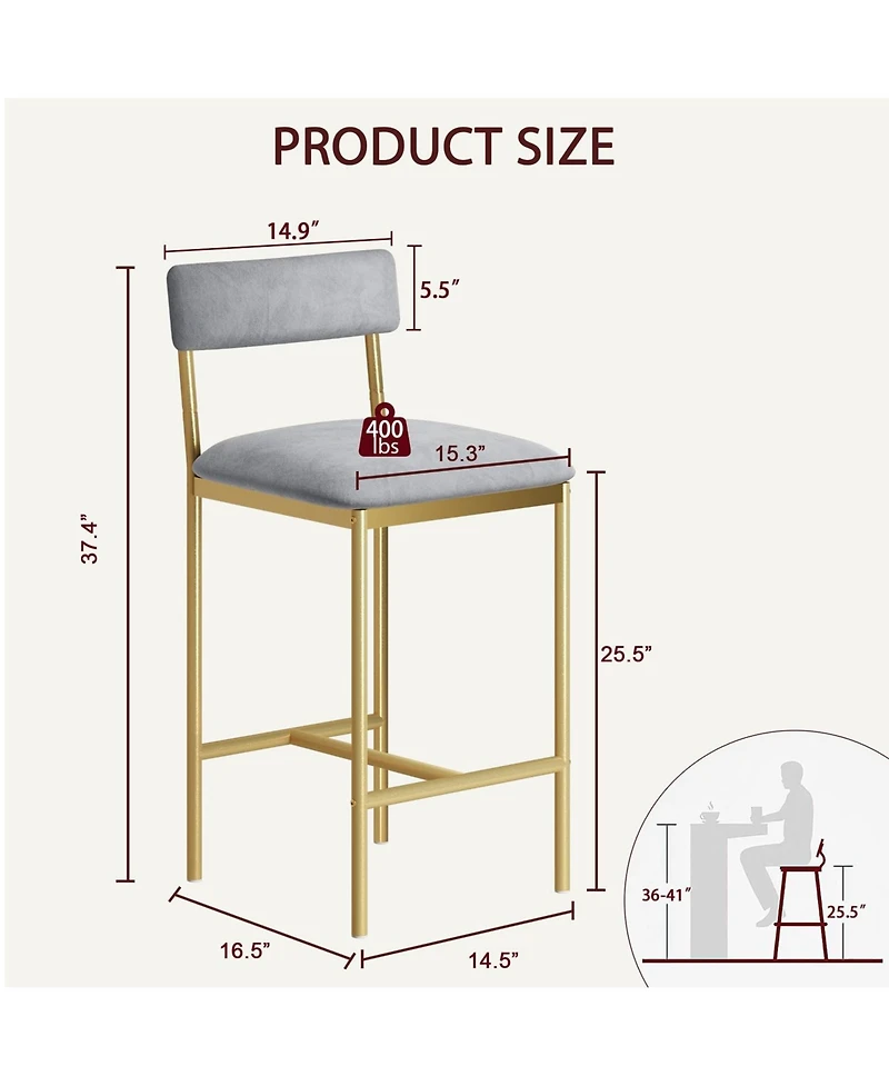homfan Set of 4 Luxury Counter Height Bar Stools,Extra Wide Modern Chairs with Backrest,Metal Legs,Padded Seats and Footrest for Home and Apartment