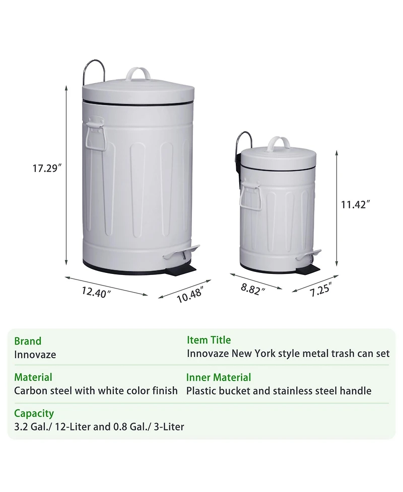 Mega Casa 3.2 Gal and 0.8 Gal Old Time Style Round White Metal Step-on Trash Can Set