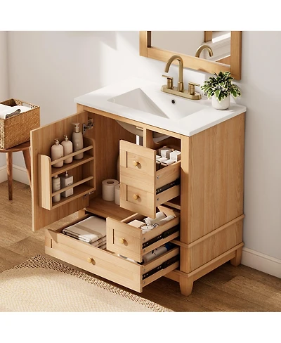 Sillysis Bathroom Vanity with Ceramic Sink, Wood Grain Solid Wood and Mdf Cabinet, Soft Close Drawers for Compact Bathroom