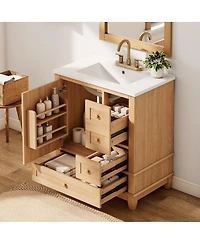 Sillysis Bathroom Vanity with Ceramic Sink, Wood Grain Solid Wood and Mdf Cabinet, Soft Close Drawers for Compact Bathroom