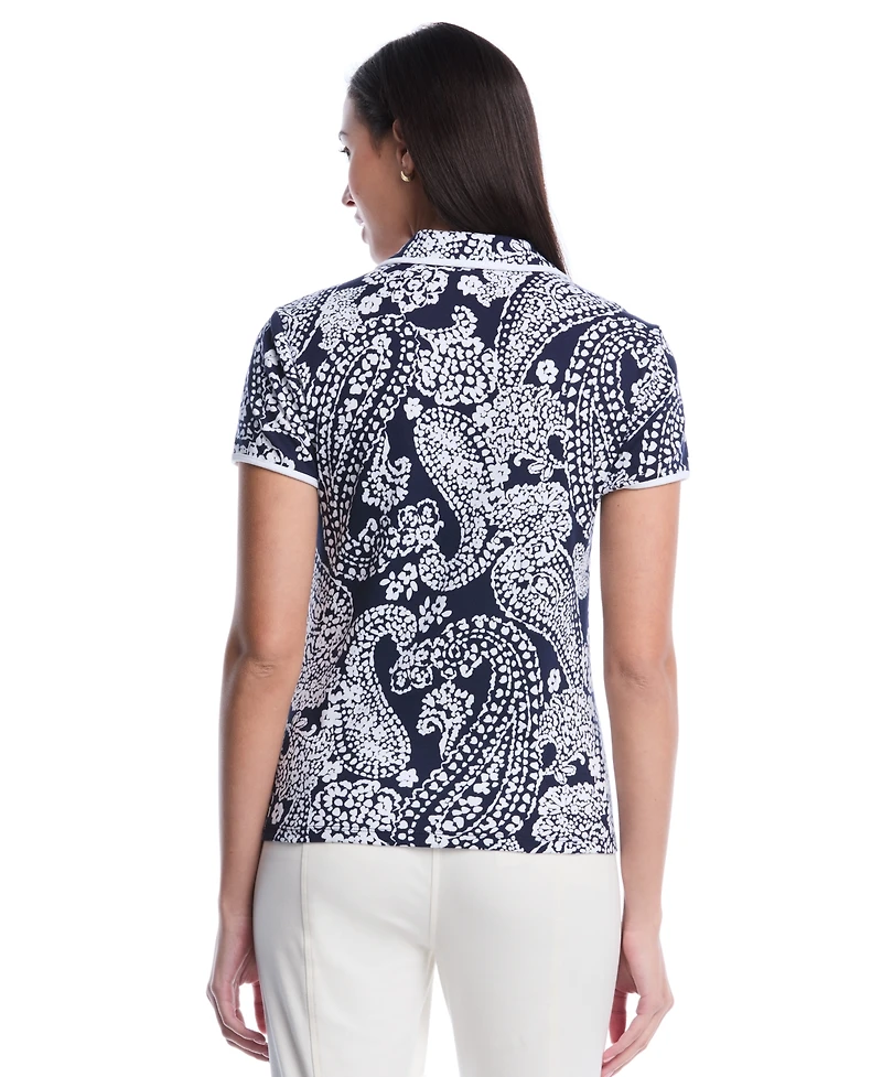 Rafaella Women's Petite Paisley Print Contrast Trim Johnny Collar Short Sleeve Polo Shirt