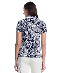 Rafaella Women's Petite Paisley Print Contrast Trim Johnny Collar Short Sleeve Polo Shirt