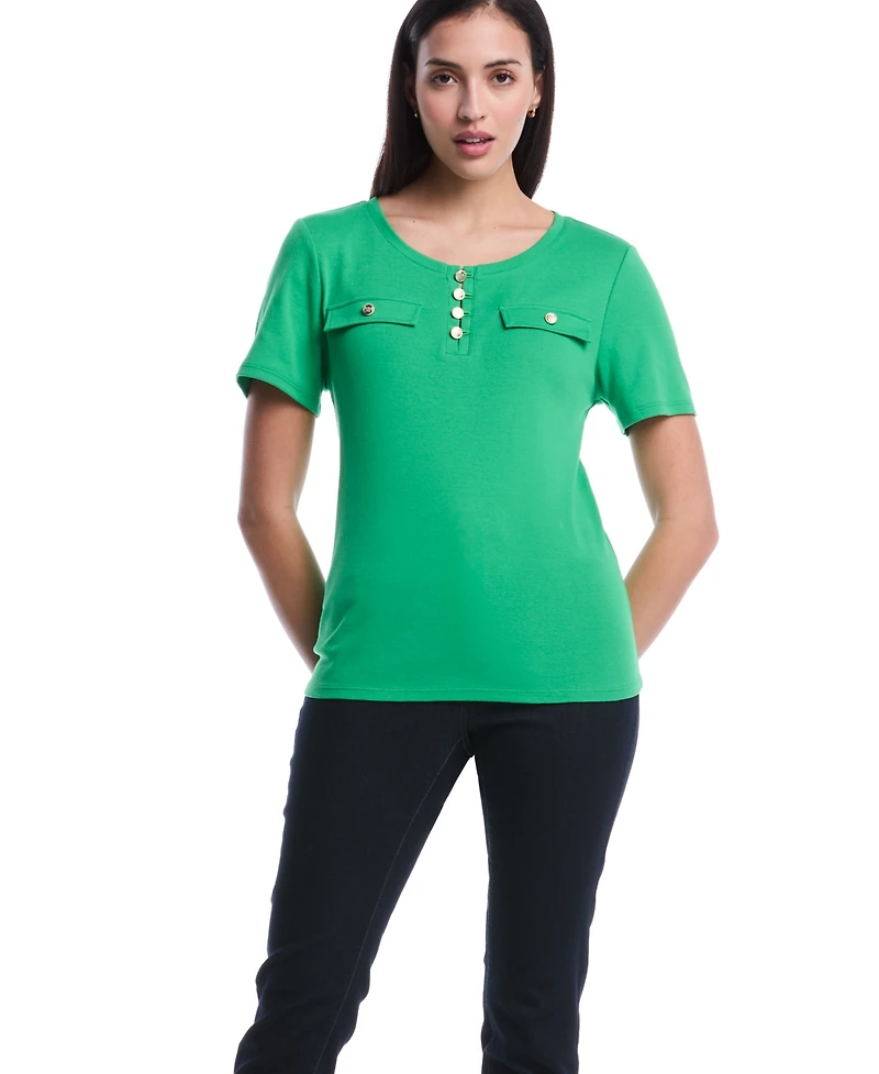 Rafaella Women's Petite Welt Pocket Button Detail Short Sleeve Top