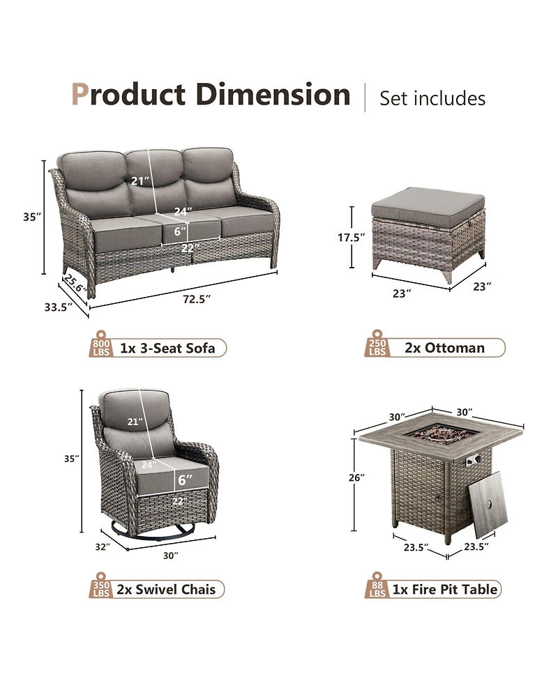 Pocassy Patio Furniture Set with Fire Pit Table, Outdoor Patio Conversation Sets, 6 Pieces 7 Seats Wicker Outside Sectional Sofa Set
