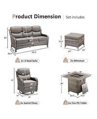 Pocassy Patio Furniture Set with Fire Pit Table, Outdoor Patio Conversation Sets, 6 Pieces 7 Seats Wicker Outside Sectional Sofa Set