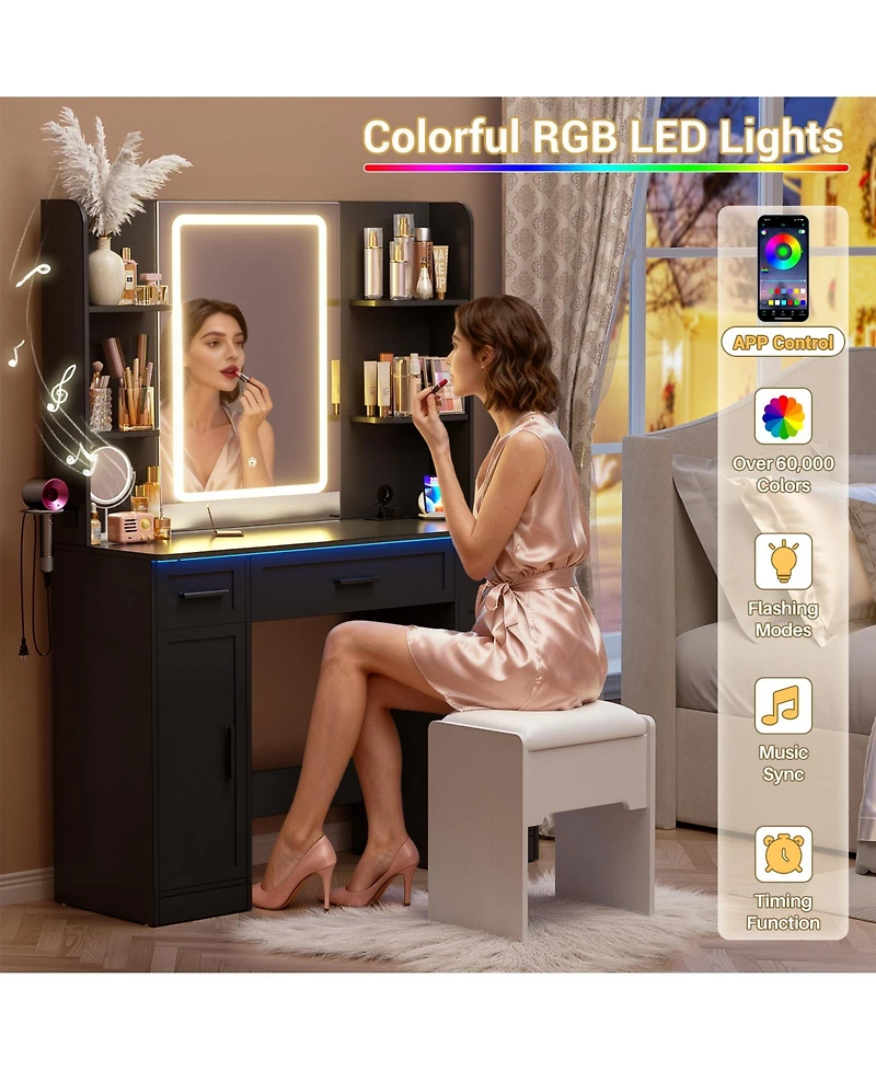 Aheaplus Vanity Desk with Mirror, Farmhouse Rgb Lights and 3 Drawers