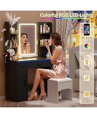 Aheaplus Vanity Desk with Mirror, Farmhouse Rgb Lights and 3 Drawers