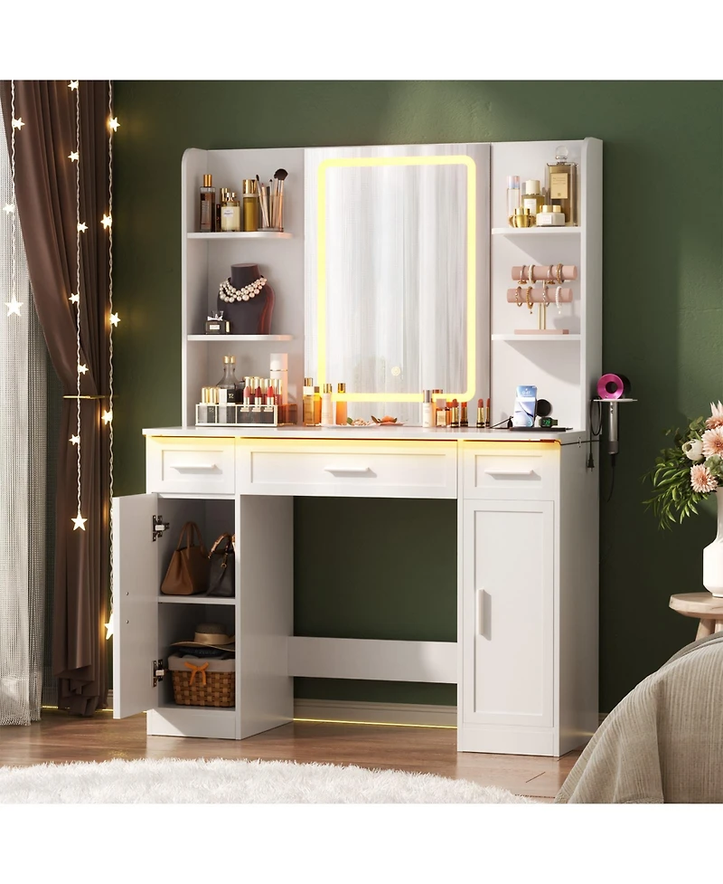 Aheaplus Vanity Desk with Mirror, Farmhouse Rgb Lights and 3 Drawers