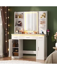 Aheaplus Vanity Desk with Mirror, Farmhouse Rgb Lights and 3 Drawers