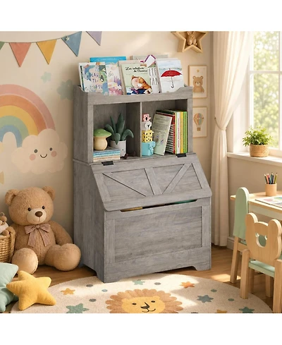 homfan Kids Toy Storage Organizer, Bookshelf and with Flip-Top Lid Cubby, Wood Bookcases Fit for Playroom, Children's Room