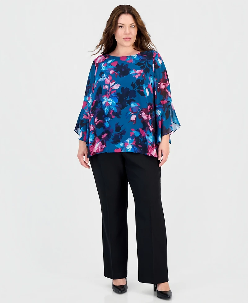 Kasper Plus Boat-Neck Ruffle-Sleeve Blouse