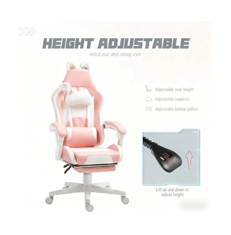 Flynama Cute Cat Style Gaming Chair with Footrest,Faux Leather Gamer Chair