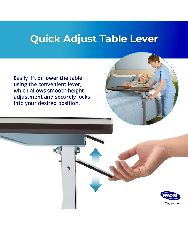 Invacare Adjustable & Tilting Table Bed - Height Adjustable Bedside Table w/ Wheels & L-Shaped Base