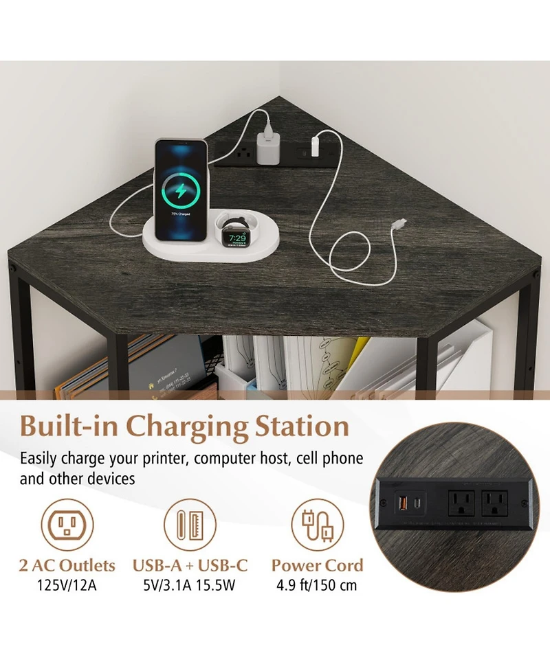 Gouun Corner Printer Stand with Built-In Power Outlet and 3-Tier Adjustable Storage