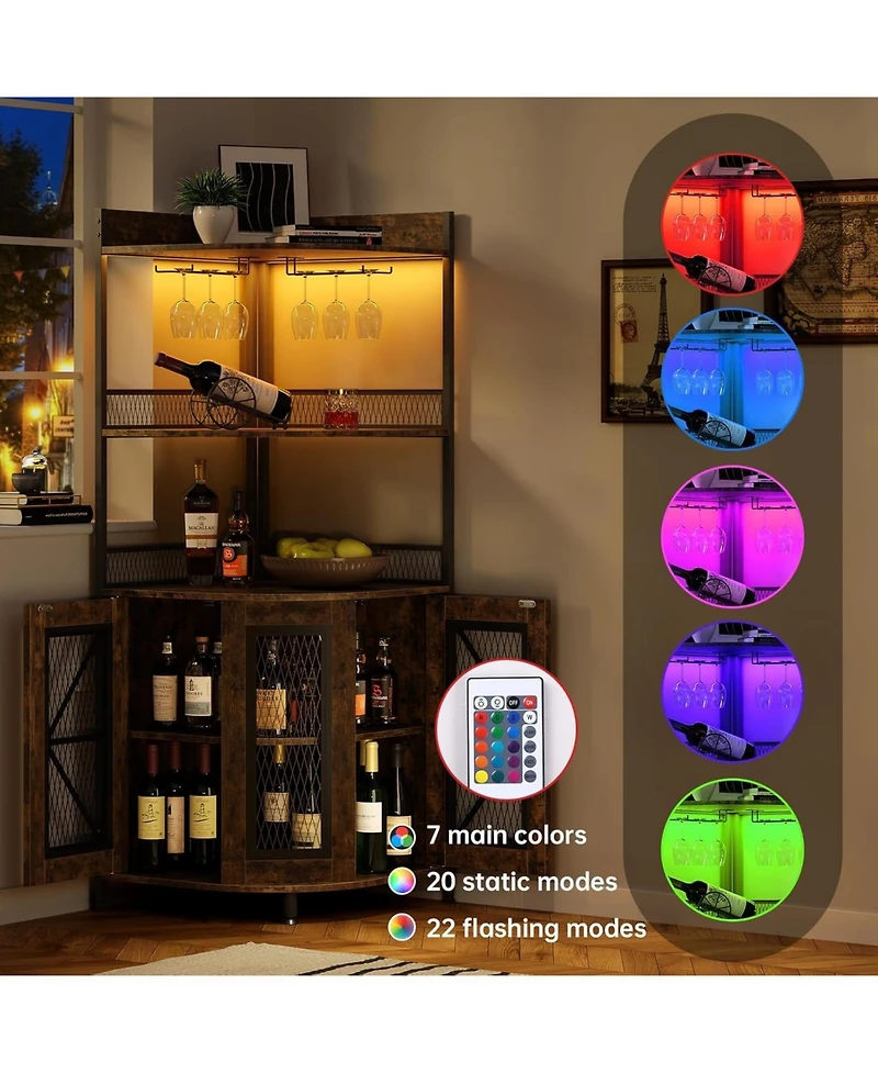 gaomon 64" Tall Wood Corner Bar Cabinet with Power Outlet, Led Lighting, and Glass Holder