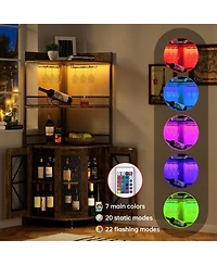gaomon 64" Tall Wood Corner Bar Cabinet with Power Outlet, Led Lighting, and Glass Holder
