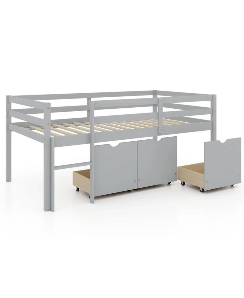 Gouun Low Loft Bed with 3 Storage Drawers, Integrated Ladder and Guardrails