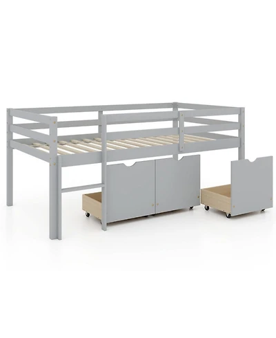 Gouun Low Loft Bed with 3 Storage Drawers, Integrated Ladder and Guardrails