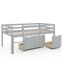 Gouun Low Loft Bed with 3 Storage Drawers, Integrated Ladder and Guardrails