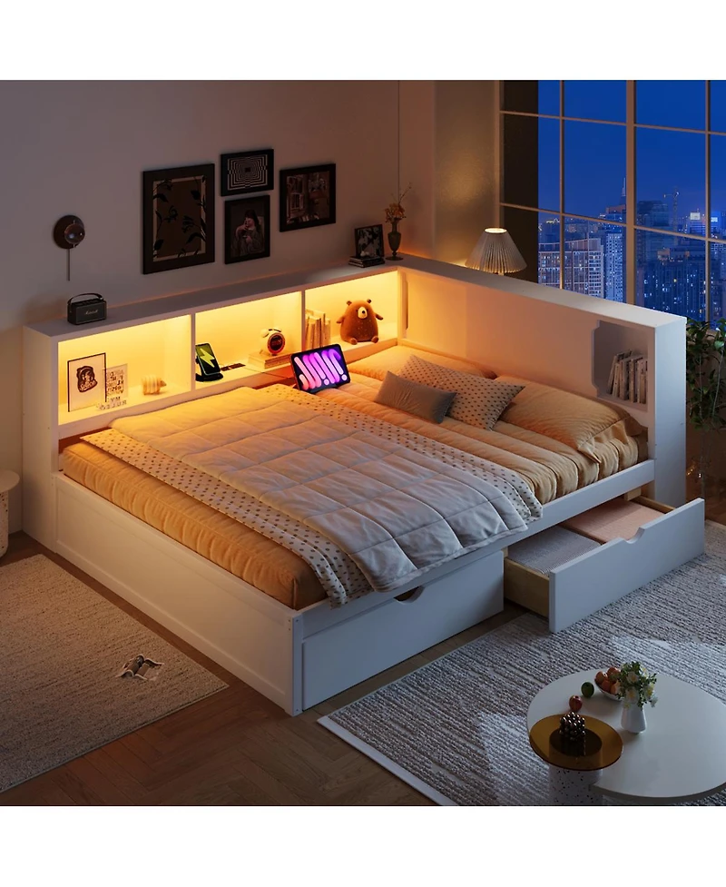 Streamdale Furniture Wood Daybed with Storage Shelves, Usb, Led, and 2 Drawers