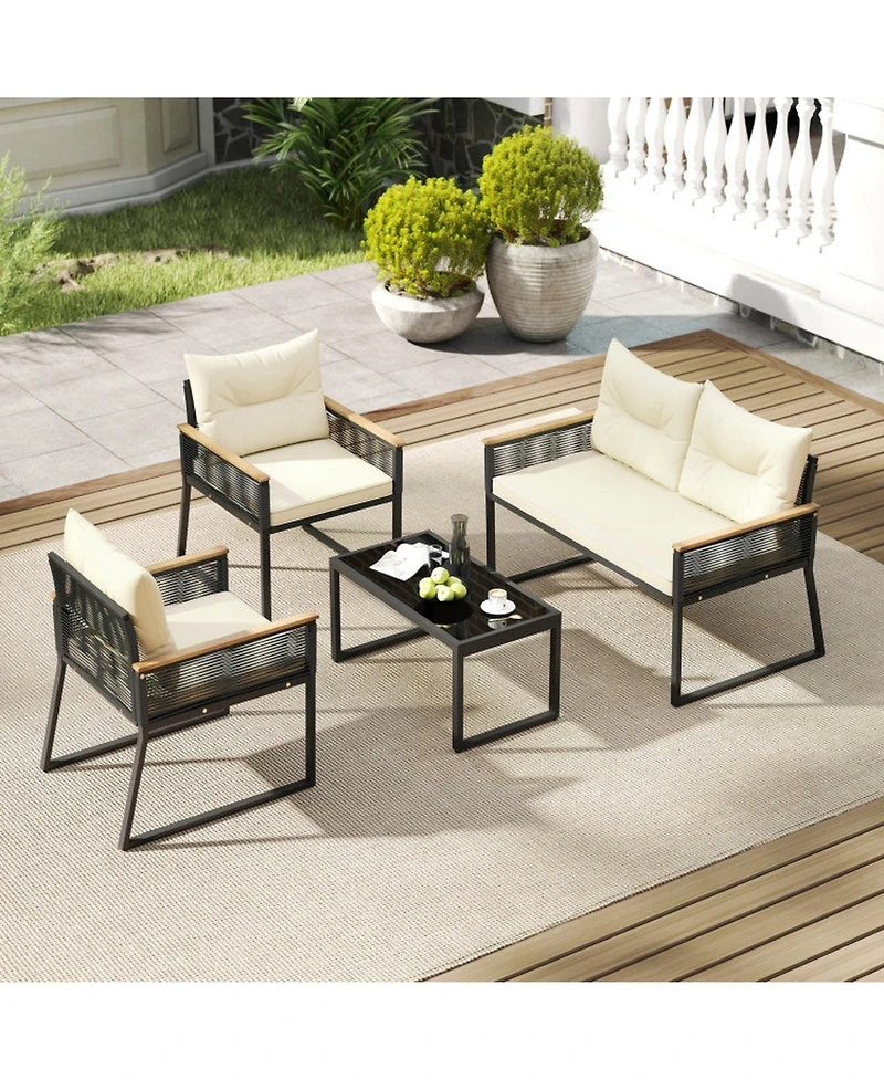 Gouun 4-Piece Outdoor Pe Rattan Patio Conversation Set with Acacia Wood Armrests and Glass Coffee Table