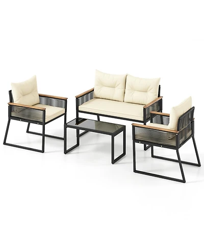 Gouun 4-Piece Outdoor Pe Rattan Patio Conversation Set with Acacia Wood Armrests and Glass Coffee Table