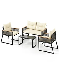 Gouun 4-Piece Outdoor Pe Rattan Patio Conversation Set with Acacia Wood Armrests and Glass Coffee Table