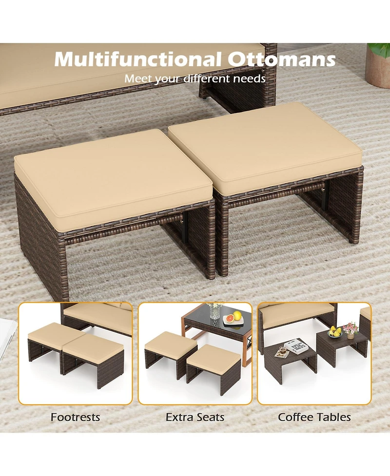 Gymax Loveseat w/ Ottomans Set of 3 Patio Pe Wicker Furniture Set w/ Cushions Outdoor
