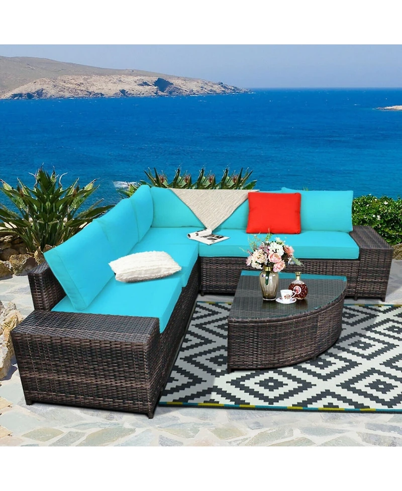 Gouun 6 Piece Outdoor Wicker Sectional Sofa Set with Tempered Glass Coffee Table