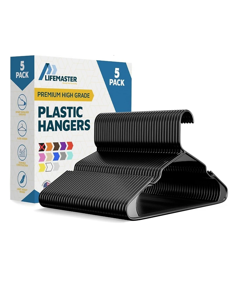 Lifemaster Heavy-duty plastic hangers, hold up to 5 lbs, non-slip shoulder grooves, space-saving, dresses & coats