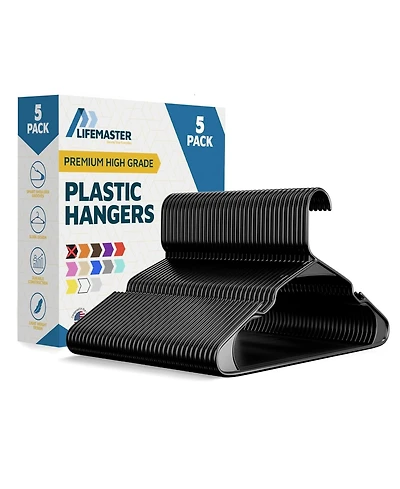 Lifemaster Heavy-duty plastic hangers, hold up to 5 lbs, non-slip shoulder grooves, space-saving, dresses & coats