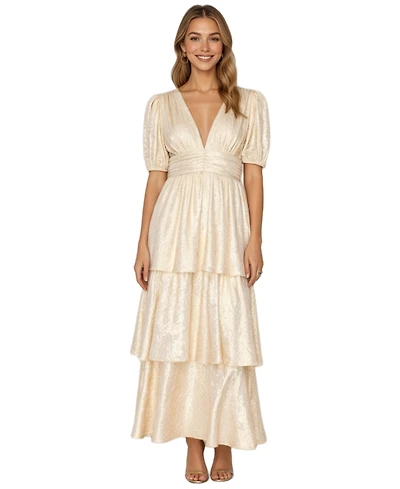 Modenaire Women's Lucille Metallic Puff-Sleeve Tiered Maxi Dress