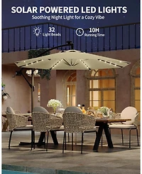 Xo 10 Ft Offset Patio Umbrella with Solar Led Lights, Cantilever Outdoor Umbrella with Infinite Tilt and Cross Base, 32 Led Lights Uv Protection Shade