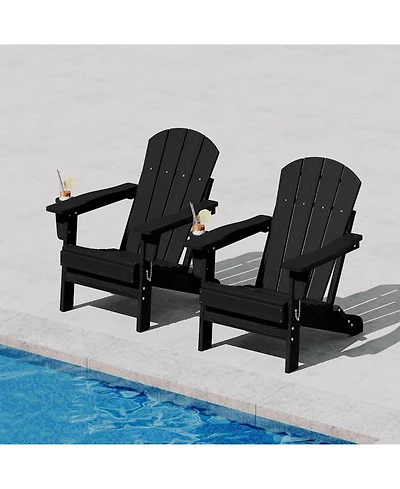 Xo 2 Pcs All Weather Resistent Outdoor Patio Chair, Folding Adirondack Chair with Cup Holder, Black