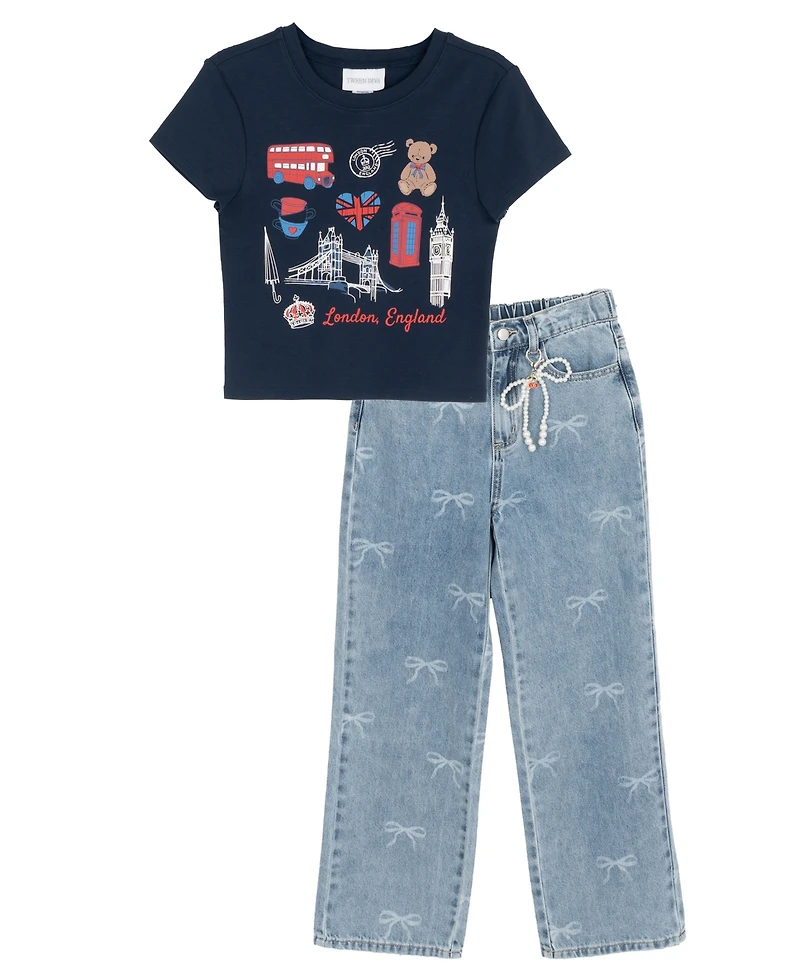 Tween Diva Girls' 7-16 Graphic T-Shirt and Bow Printed Denim Pants, 2-Piece Set