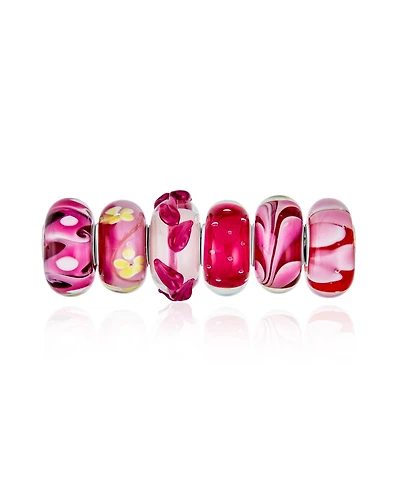 Bling Jewelry Mixed Set Red Pink Floral Murano Glass Flower Charm Bead Sterling Silver Core For Bracelet
