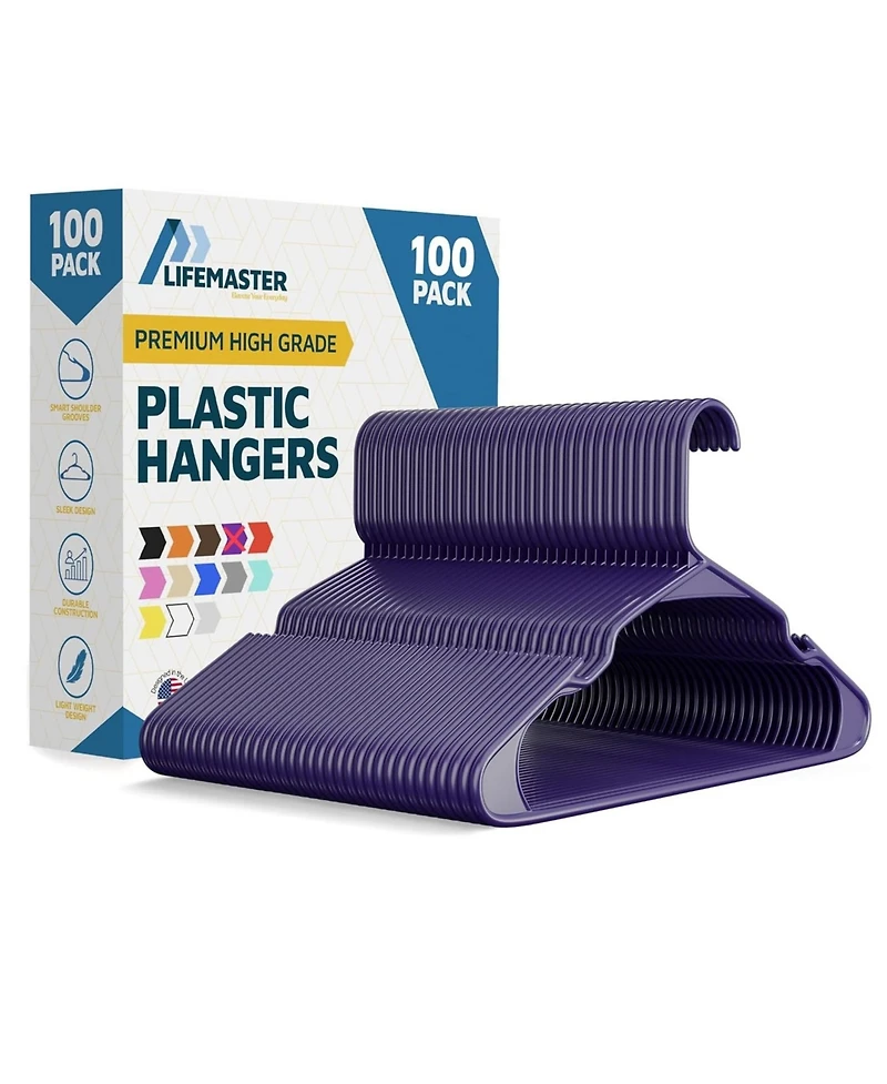 Lifemaster heavy-duty plastic hangers with non-slip grooves, space-saving design, and 5 Pound capacity ideal for clothes, dresses. Pack of 100