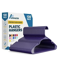 Lifemaster heavy-duty plastic hangers with non-slip grooves, space-saving design, and 5 Pound capacity ideal for clothes, dresses. Pack of 100