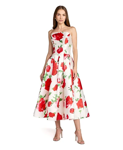 Mac Duggal Women's Strapless Floral Print A-Line Midi Dress