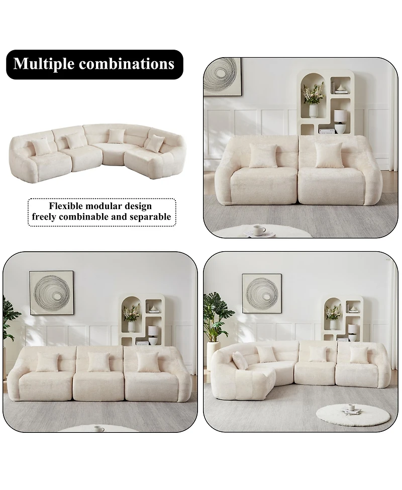 Clihome 123.2" Modern Luxury Curved Sectional Sofa, Chenille Modular Cloud Sofa with 4 Pillows