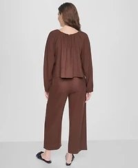Dkny Jeans Womens Raglan Long Sleeve Shirred Neckline Top High Rise Cropped Wide Leg Pants