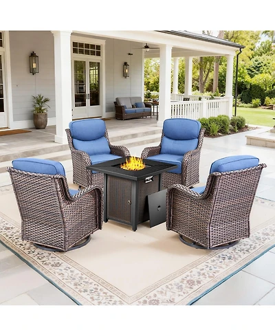 Pocassy Outdoor Swivel Chair Thick Cushion with Fire Pit Table Patio Furniture Set
