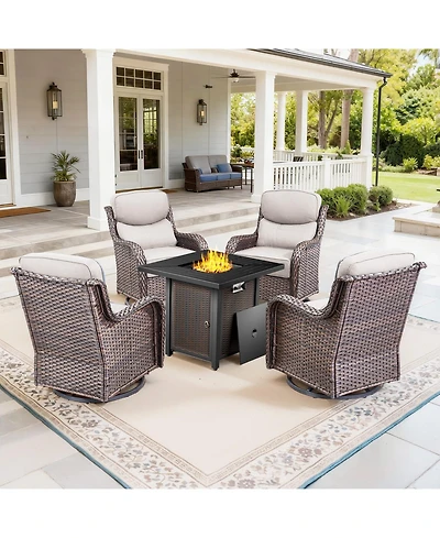 Pocassy Outdoor Swivel Chair Thick Cushion with Fire Pit Table Patio Furniture Set