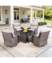 Pocassy Outdoor Swivel Chair Thick Cushion with Fire Pit Table Patio Furniture Set