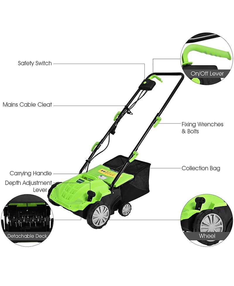 IronMax 12Amp Corded Scarifier 13" Electric Lawn Dethatcher with 40L/11-Gal Collection Bag